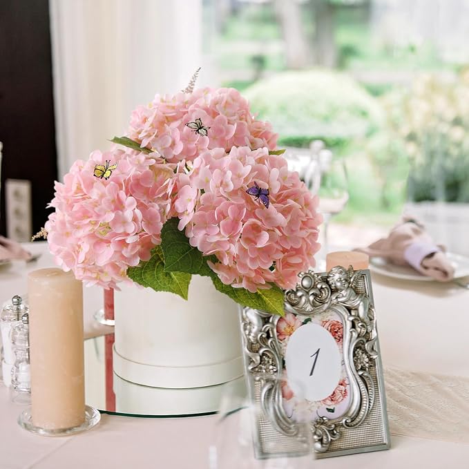 Leftover 21" Pink Hydrangea Artificial Flowers,3 Pcs Real Touch Hydrangea Flowers with Butterflies for Centerpiece Table Decorations,Floral Arrangements for Coffee Table Decor,Living Room Decor
