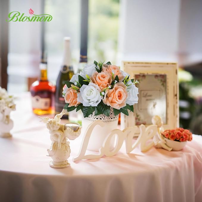 BLOSMON Flower Ball Centerpieces for Tables: 2pcs Peach Fuzz Fake Rose | 9.5 Inch Kissing Balls Floral Arrangement for Home - Artificial Silk Bouquet with Base Home for Wedding Party DIY Decoration