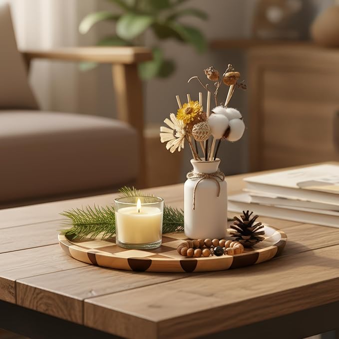 MSJGA 11 Inches Round Wooden Serving Trays Decorative Candle Plate Holder with Unique Checkered Design for Home Decor, Coffee Table, Dining Table, Kitchen Island