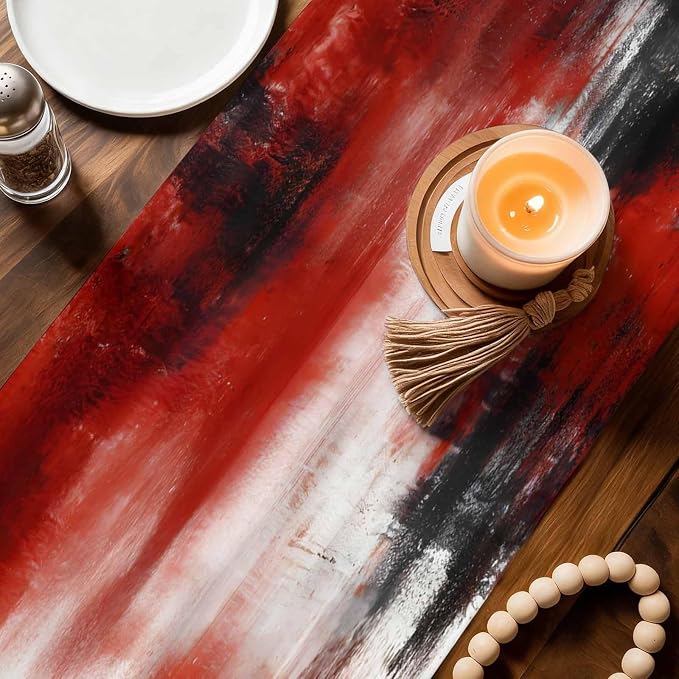 Retro Black Red Table Runners 70 Inches Long, Cotton Linen Fabric Table Runner Dresser Scarf, Abstract Bohemia Minimalist Aesthetic Art Tablerunner for Party/Kitchen/Dinner/Wedding Decor 13"x70"
