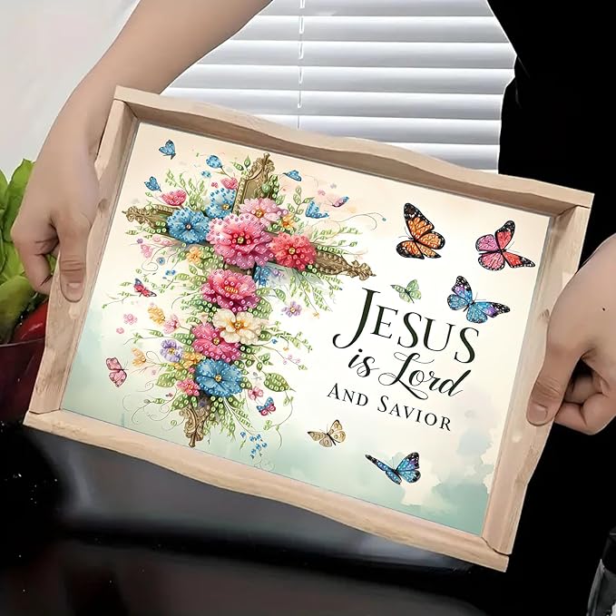 BAYUNOE DIY Diamond Serving Tray Rectangular Breakfast Tray with Handle Handmade Diamond Art Painting Wooden Tray Spring Creative Dinner Plate Coffee Room Living Home Organizer-Flower Cross