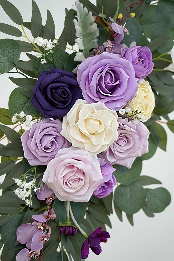 Olalaka Faux Flower Swag Set of 2 for Wedding Welcome Signs Floral Decorations, Purple Wedding Arch Flowers for Wedding Ceremony (Lilac & Purple & Cream)