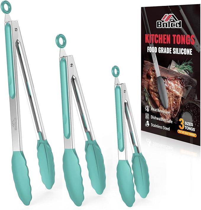 600ºF Heat Resistant Kitchen Tongs, Premium Locking Cooking Tongs with Silicone Tips, Non-Slip Food Tongs for Cooking, Non-Stick, Heavy Duty Stainless Steel Handle, Set of 3-7" 9" and 12" Aqua Sky