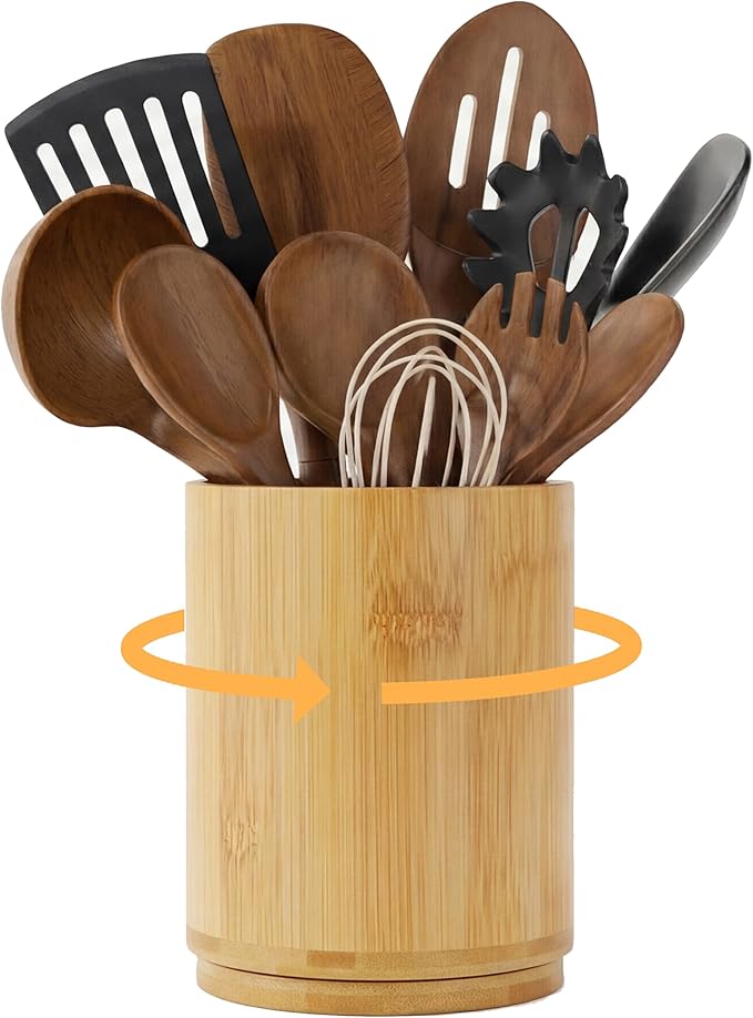 ZUJJAFY Bamboo Utensil Holder, 360° Rotating Kitchen Utensil Holder for Counter, 7.2" Large Cooking Utensil Crock for Countertop, Utensils Organizer for Cooking Spatula Storage