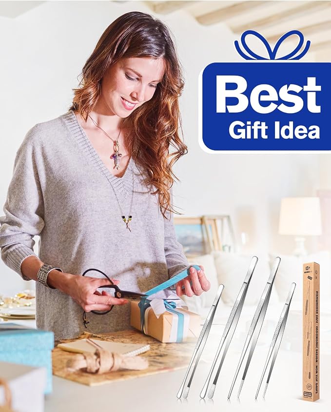 4 Pcs Fine Long Tweezer Tongs Professional Silver, 12'' and 10'' Stainless Steel for Kitchen, Food, Cooking, Repairing, Sea food and BBQ