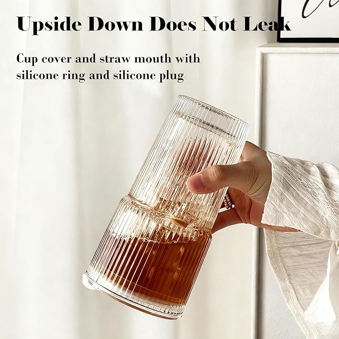 2 Pack Iced Coffee Cup with Lids, 20oz Clear Glass Tumbler with Straw & Lid, Ribbed Glassware Cups, Dishwasher Safe Drinking Glasses, Stylish Glass Cups for Coffee, Juice, Tea, Matcha