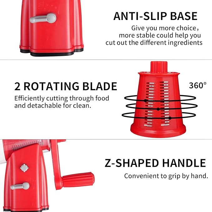 Upgrade Rotary Cheese Grater Shredder with Handle, Strong Suction Base, Multi-purpose Rotary Grater Slicer with 5 Interchangeable Blades for Ice, Vegetables, Fruit, Nuts with Blade Storage Box