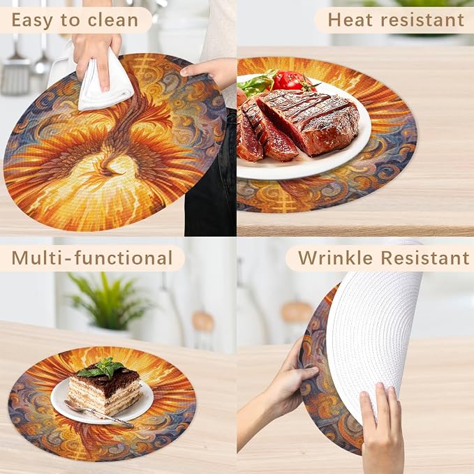 Round Placemats Set of 6, Phoenix Fire Flame Ethnic Pattern Woven Placemats Mats Non-Slip Heat Resistant Washable Table Mats Round Braided Place for Farmhouse Kitchen Dining Party Decor 15in