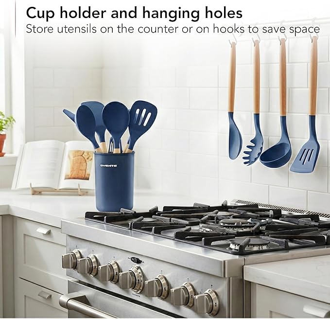 OVENTE Silicone Cooking Utensils Set, 17pcs Heat Resistant Kitchen Tools and Gadgets for Nonstick Cookware, BPA Free Spatula Set with Wooden Handle, Cup Holder, Oven Gloves and Hot Pads, Blue SPS17BL