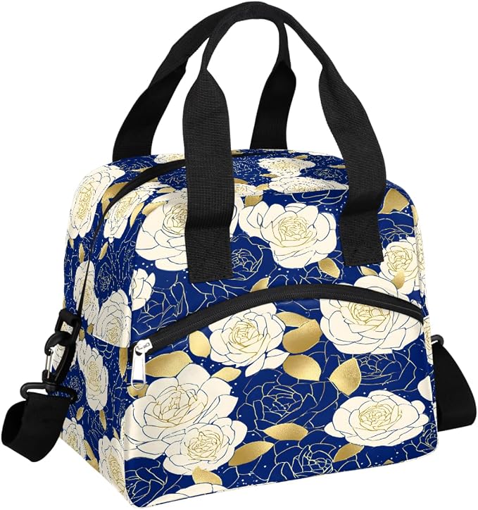 Pardick Roses Flower Blue Insulated Lunch Bag for Women Leakproof Lunch Box Large Cooler Thermal Tote Bag with Shoulder Strap Meal Prep Bags for Work School Office Picnic Teen Girls Adult