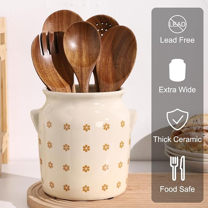 Ceramic Farmhouse Kitchen Utensil Holder for Countertop, Rustic Cooking Utensil Holder Crock Fit for Kitchen Counter. Daisy Pattern 5.3 x 5.3 x 6.8 IN