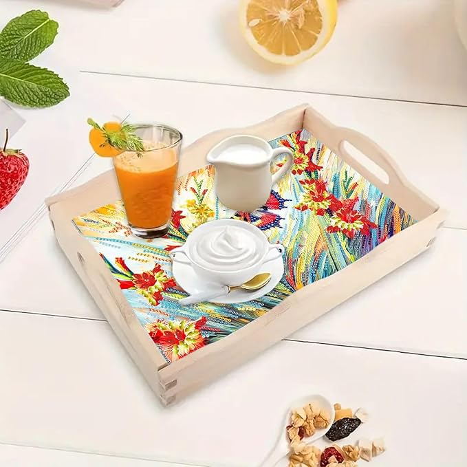 DIY Diamond Serving Tray Rectangular Wooden Breakfast Tray with Handle Handmade Diamond Art Painting Spring Creative Dinner Plate Coffee Room Living Home Organizer-Butterfly