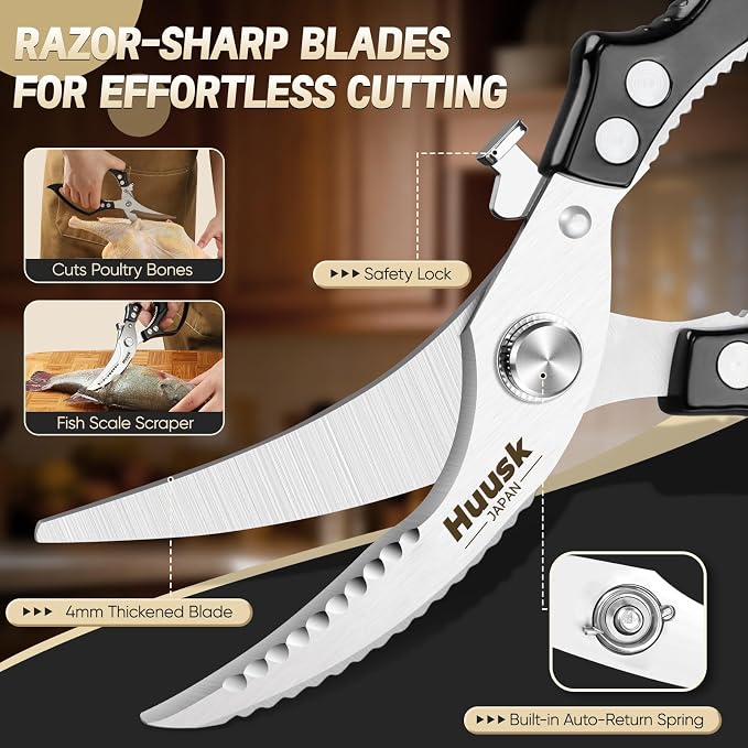 Huusk Heavy Duty Kitchen Scissors Set – All Purpose Japanese Poultry Shears for Chicken, Meat, Fish, Vegetables & Pizza with Ergonomic Non-Slip Black Handle, Gifts for Women Men
