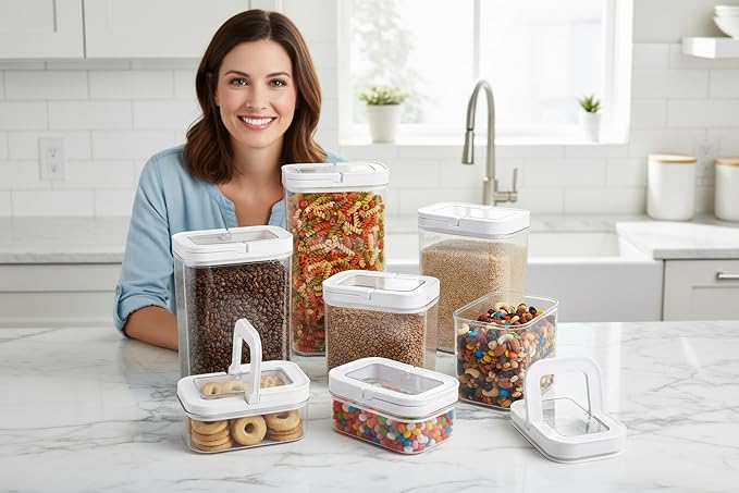 ECOBERI Airtight Food Storage Containers for Pantry, 7 Piece Set, FlipLock One-Hand Seal, Stackable, BPA-Free, Airtight Lids for Flour, Sugar, Cereal & Snacks