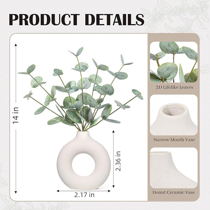 FIACO Artificial Eucalyptus Stems in Ceramic Vase, 14" Fake Plants for Home Decor, Coffee Table Centerpiece Bathroom Shelf Dining Table Farmhouse Faux Greenery Plants Indoor Decorations