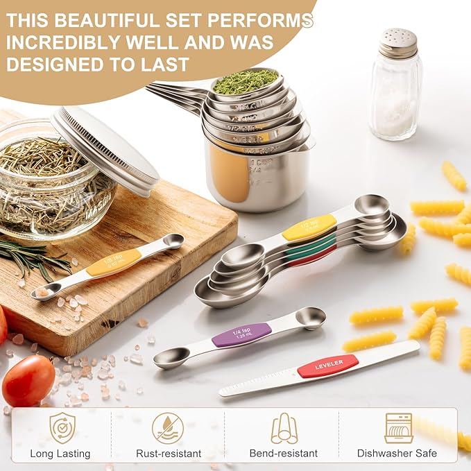 Stainless Steel Measuring Cups & Spoons Set, EWFEN Kitchen Tools Nesting Measuring Cups and Spoons, Fits in Spice Jars for Baking & Cooking, BPA Free, Set of 15 with Leveler, Multicolor
