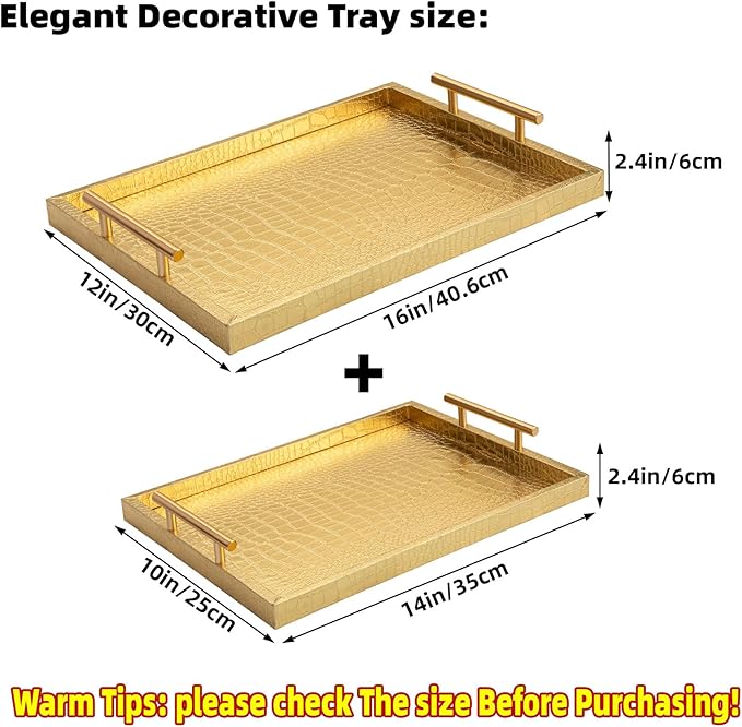 Modern Elegant Large Wood Serving Tray, Set of 2 Gold Crocodile Leather with Gold Polished Metal Handles, Home Decorative Rectangle Ottoman Decor Platter Living Room Bathroom Vanity Tray