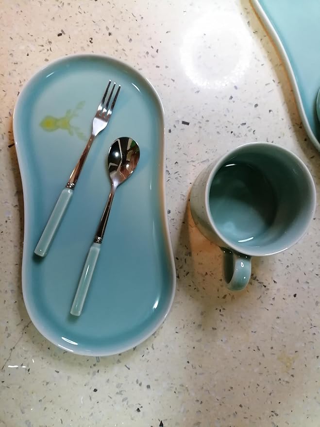 Longquan UNESCO Heritage Celadon Coffee Set Double-glazed collector's edition with oval-shaped plates and tableware - handcrafted sky blue glaze ceramic gift box (1, Sky blue glaze)