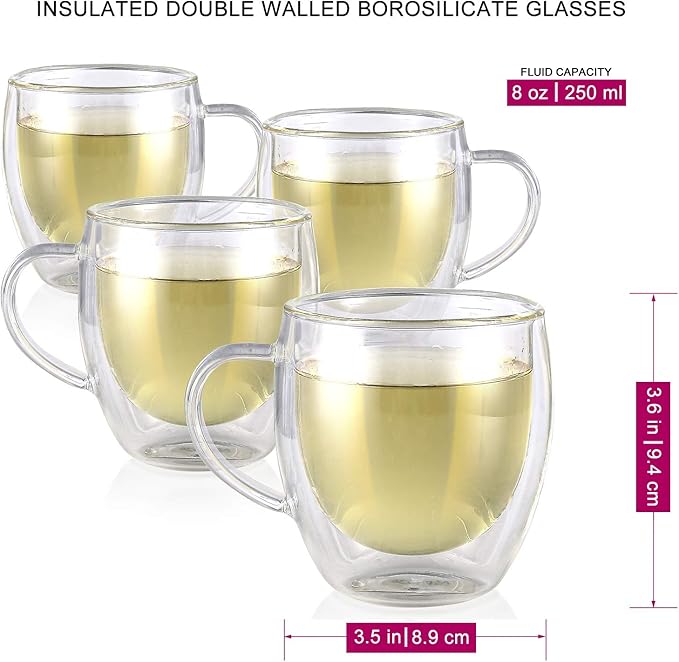Teabloom Double Walled Cups – 8 oz / 250 ml – Set of 4 Insulated Glass Cups for Tea, Coffee, Espresso, and More – Clarity Glasses