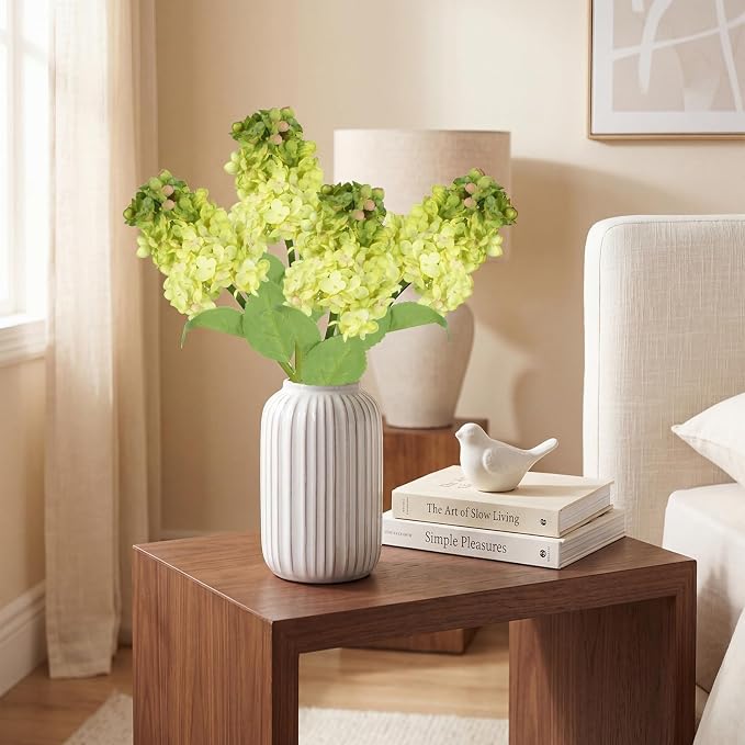 Green Hydrangea Artificial Flowers 4PCS Faux Silk Fall Flowers Artificial Dried Hydrangea Artificial Fall Bouquet 24” Fake Dried Hydrangeas Flowers with Stems for Table Vase Home Indoor Outdoor Decor