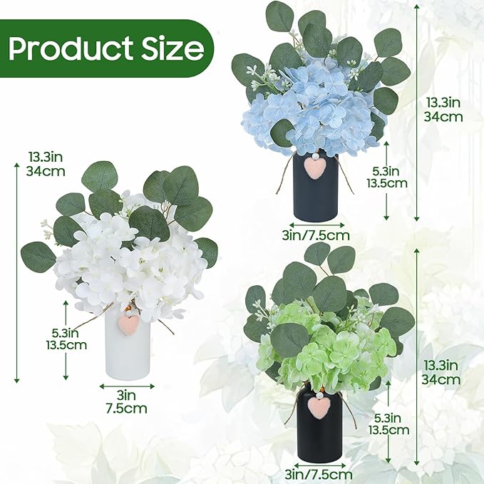 Artificial Hydrangea Flowers in Mason Jar Vase, Set of 3 Faux Hydrangea and Eucalyptus Arrangements, Pre-Arranged Farmhouse Table Centerpieces for Kitchen, Dining Room, Office Decor