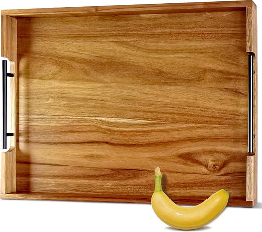 22" x 15.75" Acacia Wood Ottoman Serving Tray with Black Metal Handles | Large Rectangular Wooden Tray for Living Room, Kitchen, Coffee Table, Coffee Station, Party