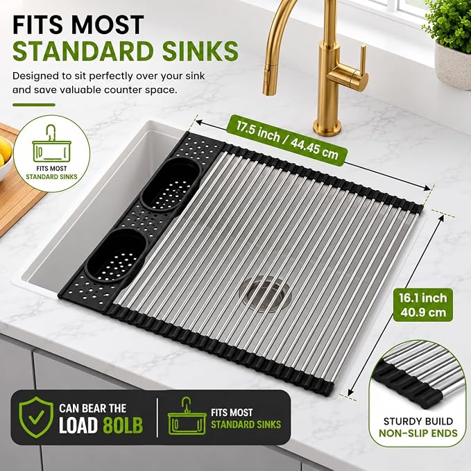 Roll Up Dish Drying Rack Over Sink, Stainless Steel, Black, 17.5"