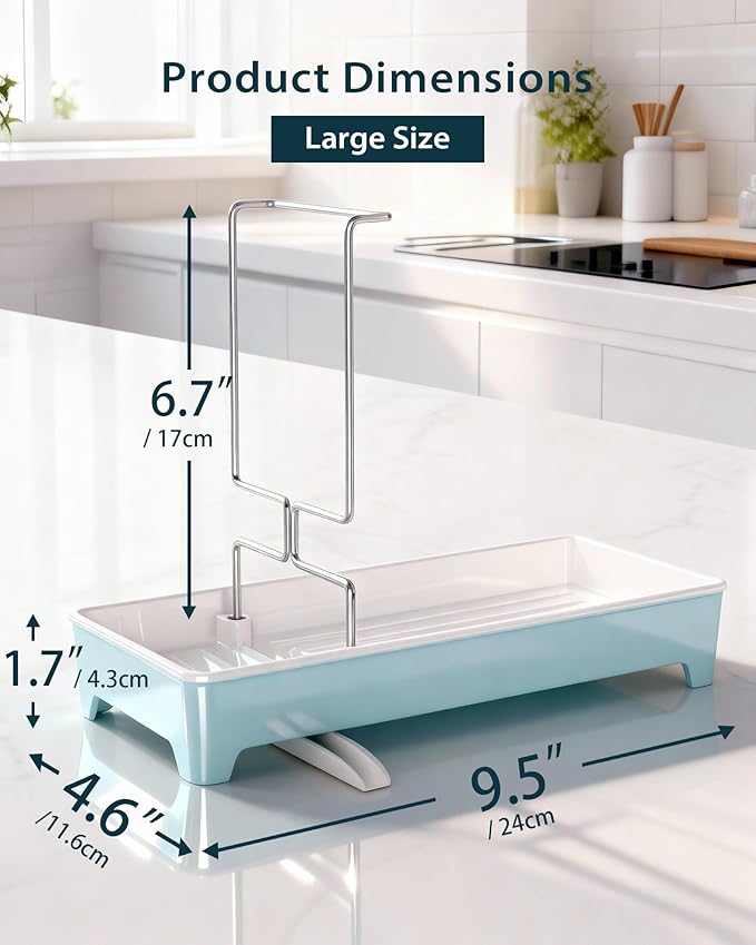 Minimalist Sink Caddy, Rustproof Sponge Holder for Kitchen Sink with 304 Stainless-Steel Brush Holder, Countertop Rack Organizer with Raised Ridges & Silicone Drain Tube (Pastel Blue, Large)
