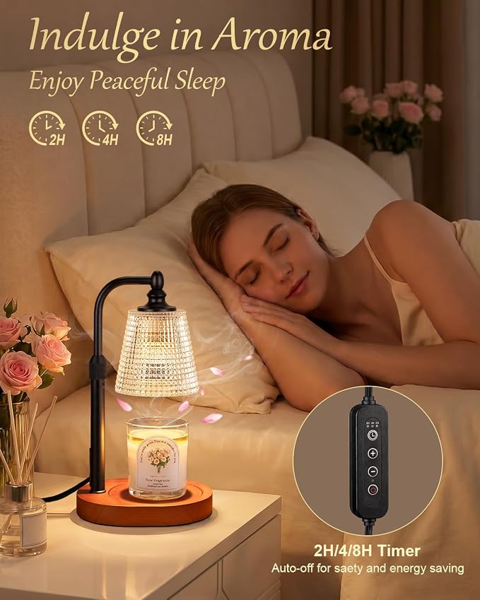 Hong-in Candle Warmer Lamp with Timer Dimmer, Birthday Gifts for Women, House Warming Gifts for New Home, Vintage Room Decor, Adjustable Height Candle Lamp, Wax Warmer for Scented Jar Candles, Walnut