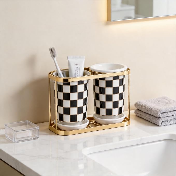 Multi-functional Ceramic Checkered Utensil Crocks, Black & White Grid Kitchen Utensil Storage, Bathroom Checkered Bathroom Toothbrush Holder, Flatware Organizer & Home Accessory (Black)