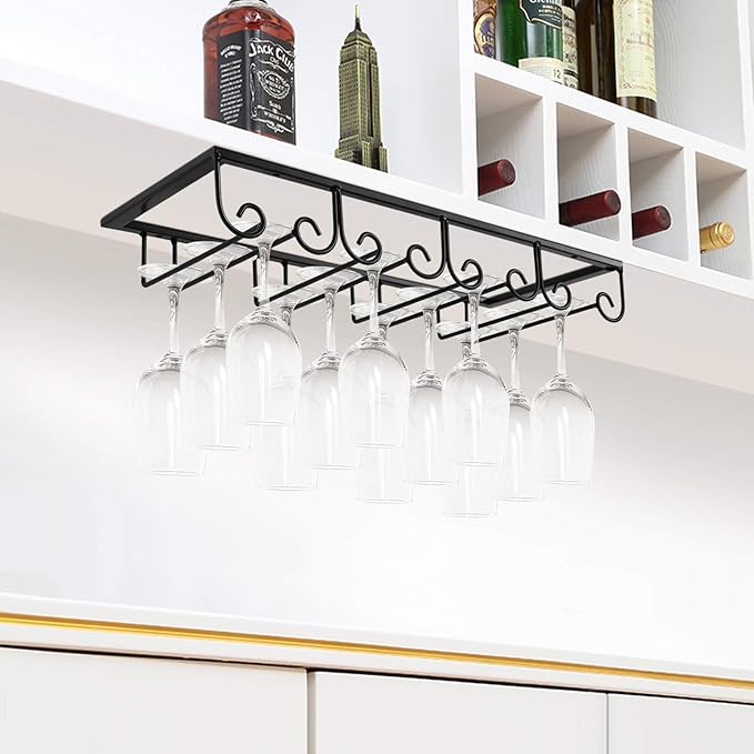 MOCOUM Under Cabinet Stemware Hanger, Glass Holder Storage Hanger for Cabinet Kitchen Bar (Black, 4 Rows 2 Pack)