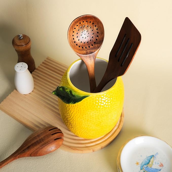 Lemon Shaped Ceramic Kitchen Utensil Holder, Large Cooking Utensil Crocks for Kitchen Countertop, Ceramic Utensil Organizer for Spatula-A