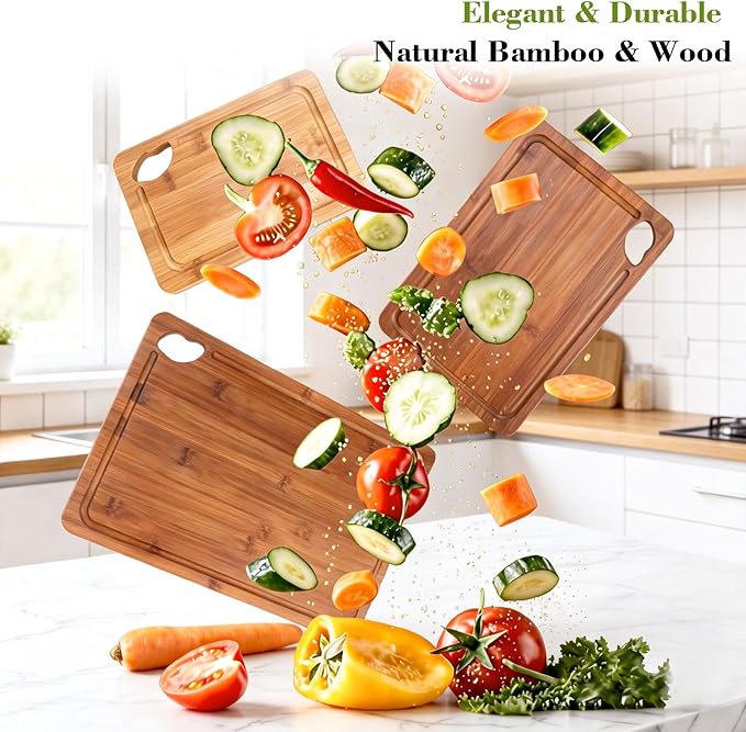 Bamboo Cutting Board 5-Piece Set,Deep-Carbonized Reversible Charcuterie Boards With Juice Grooves,Include Storage Stand&Cleaning Sponge,Knife Friendly,Sturdy,Perfect Kitchen Gift Set