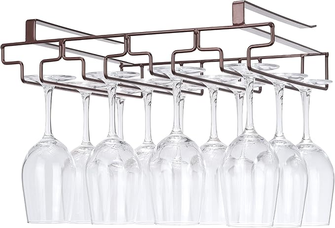 Wine Glass Rack Under Cabinet Drilling Free No Screw Steamware Holder Under Shelf Metal Wine Glasses Holders 304 Stainless Steel Hanger Storage Organizer Hanging Glass Fit for Bar Kitchen 4 Rows Brown