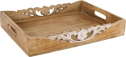 Mela Artisans 16” x 12” x 2.5” Mango Wood Serving Tray with Handles – Orchid Medium Burnt Finish – Handcrafted Wooden Serving Board for Breakfast, Coffee & Home Décor