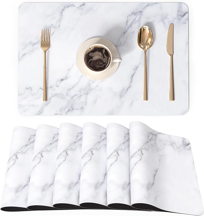 QiyI Placemats Set of 6, 12x18 Inch Faux Leather Place Mats for Kitchen Dinning, Heat Resistant Anti Slip Table Mats, Waterproof Wipeable Washable Placemat Party Table Décor, White Marble