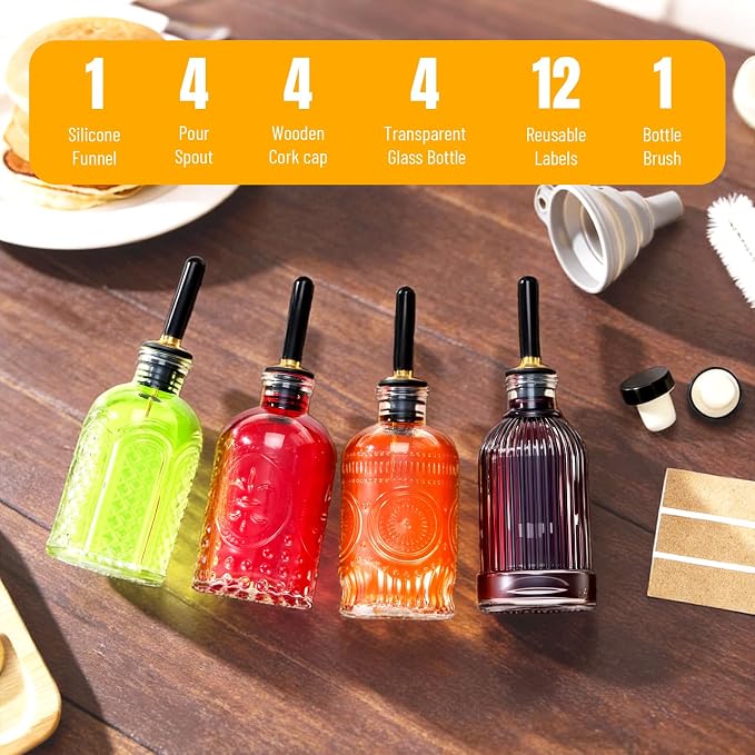 Baalaka 4-Pack Coffee Syrup Dispenser, 7 OZ/200ML Honey Dispenser, Small Syrup Bottles with Funnel & Extra Nozzles, Glass Syrup Dispenser for Coffee Shop, Home Kitchen