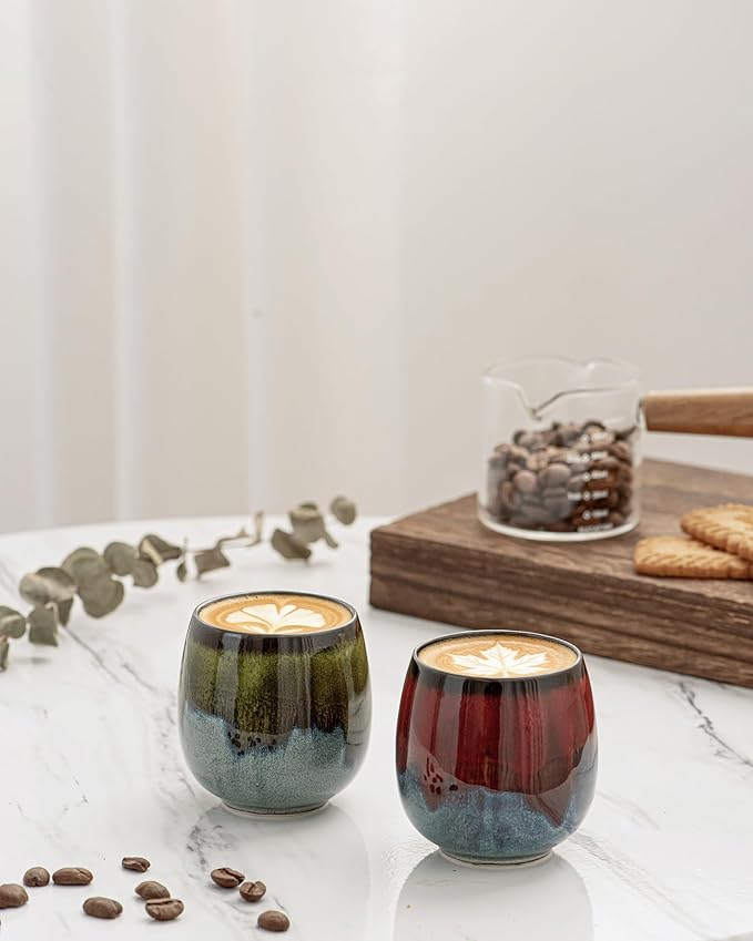 2.7 Oz Mini Espresso Cups Set of 4, Colorful Ceramic Demitasse Cups with Bamboo Coasters, Unique Glaze Mugs for Turkish Coffee, Macchiato, Espresso Martini, Dessert, Dishwasher & Microwave Safe
