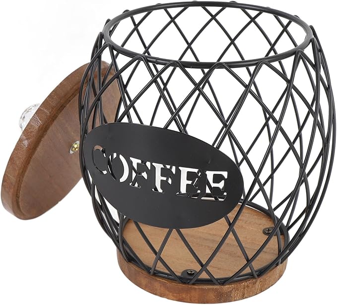 Large Capacity Coffee Capsule Organizer K Cup Storage Holder with Lid, Iron Wire Basket Wood Base for Kitchen Cafe Bar Coffee Bar Accessories BLACK