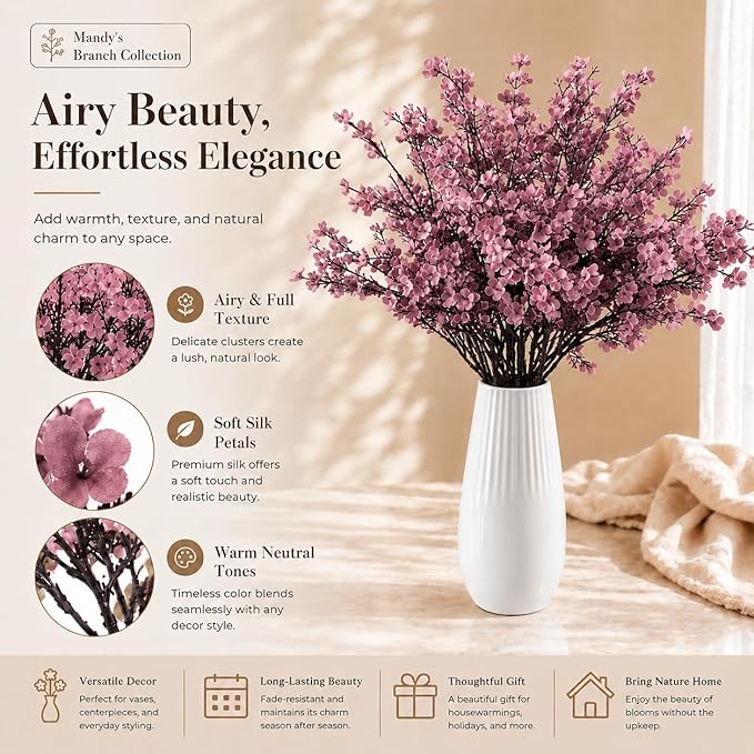 Mandy's Dusty Pink Artificial Baby’s Breath Flowers 6 Bundles Silk Gypsophila, 18.5 Inch European Style Modern Home Decor Centerpiece, Neutral Wedding Flower Arrangements