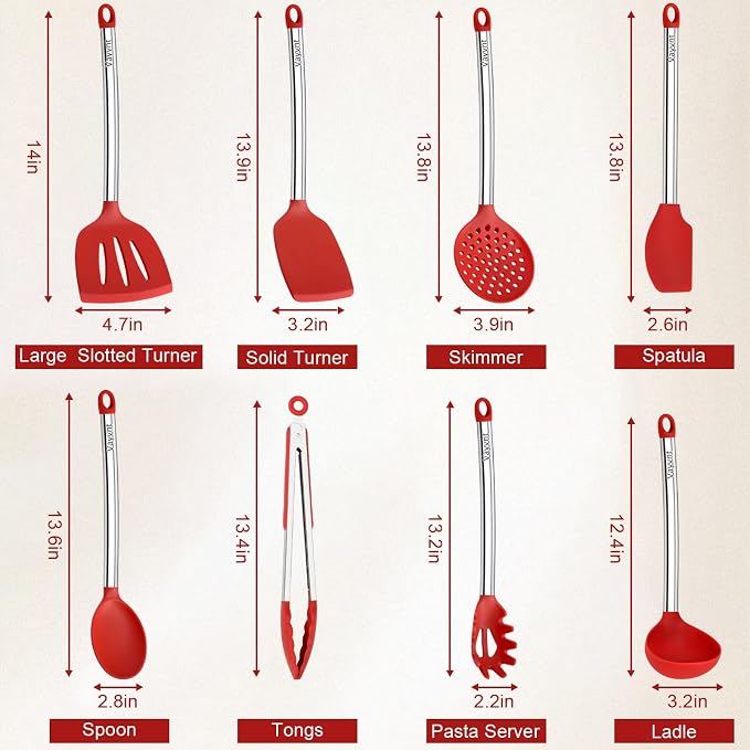 Vayvnt Silicone Utensils Set for Cooking, 8 Pieces for Non Stick Pan, Red | Dishwasher Safe Kitchen Cooking Utensils, Spoons and Tongs, Non-toxic, Plastic-free, Kitchen Essentials for Cooking & Baking