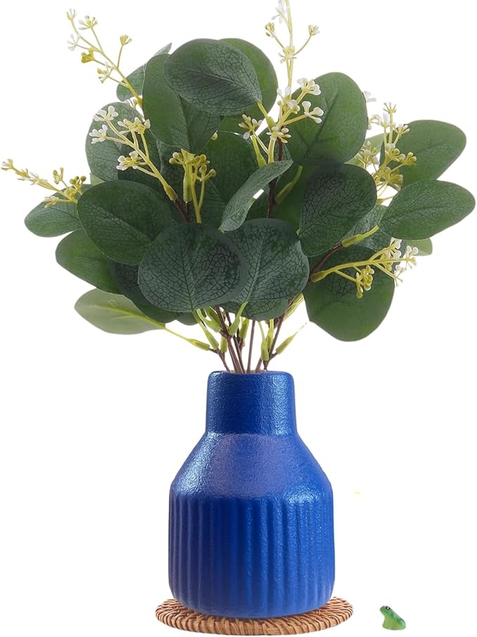 Artificial Eucalyptus Greenery Stems in Ceramic Vase 10Pcs Fake Plants Eucalyptus Leaves for Centerpiece Table Decorations Home Room Decor Office Desk Decor Greenery Decor Indoor (Blue)