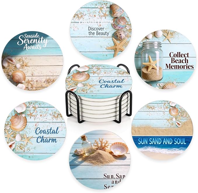 Coastal Charm Light Blue Beach Ceramic Coaster Set of 6 - Coastal Design with Seashells, Starfish & Sand Pattern, Wood Background, Non-Slip Cork Backing, Housewarming Gift