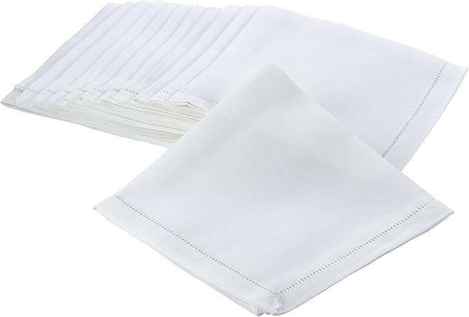SARO LIFESTYLE Hemstitched Border Dinner Napkin (Set of 12), Ivory, 18" x18