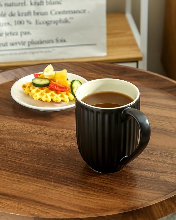 HASENSE Ceramic Coffee Mug, 20 Oz Large Coffee Mug with Handle, Porcelain Latte Cup for Coffee, Tea and Cocoa, Modern Ribbed Design, Microwave & Dishwasher Safe, Black
