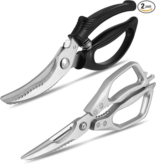 2PCS Kitchen Shears Set, Heavy Duty Poultry Shears with Spring Loaded, All Purpose Kitchen Scissors for Food Come Apart Culinary Chef Scissors for Cutting Chicken Meat Vegetable, Black & Silver
