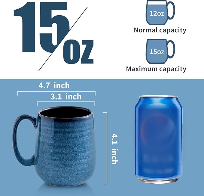 HASENSE Coffee Mugs Set of 4, 12 Ounce Ceramic Coffee Cups with Handle, Large Mug Set for Latte, Tea, Chocolate, Modern Cup Gift for Men and women, Dishwasher & Microwave Safe(Blue)