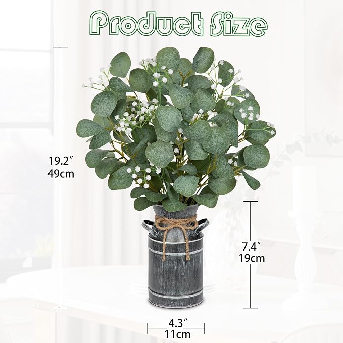 Lifelike Artificial Eucalyptus Plant in Rustic Metal Vase – 19" Realistic Faux Greenery for Farmhouse Home Décor, Living Room, Kitchen, Office, Weddings & Table Centerpieces