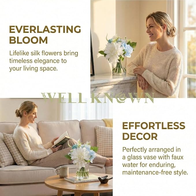 WELL KNOWN Artificial Flowers in Glass Vase with Fake Water, Silk Rose Dahlia Peony Flower Bouquet for Home Dining Coffee Table Office Hotel Wedding Party Lavatory Decor & Birthday Gift (Blue & White)