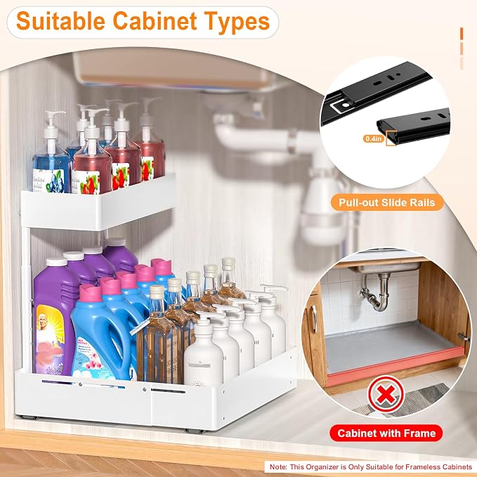 YJHome 1 Pack Expandable Under Sink Organizer, 2 Tier Pull Out Cabinet Organizer with Smooth Ball Bearing Slides, Adjustable Height Cabinet Storage Shelves for Kitchen, Bathroom, Laundry, Pantry